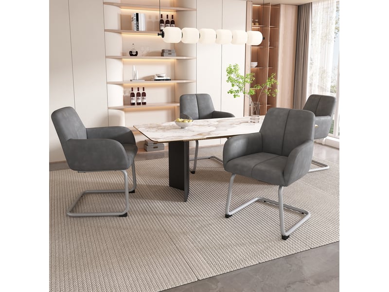  Lot de 4 chaises salle à manger, gris, dossier élevé confortable, pieds métal solides, avec accoudoirs  - Conforama B