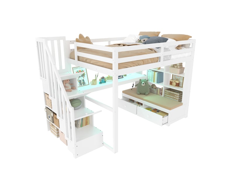 Lit mezzanine enfant 140x200 cm avec bureau intégré, escalier avec rangement, led, étagères et tiroirs, structure en bois - blanc - Conforama A