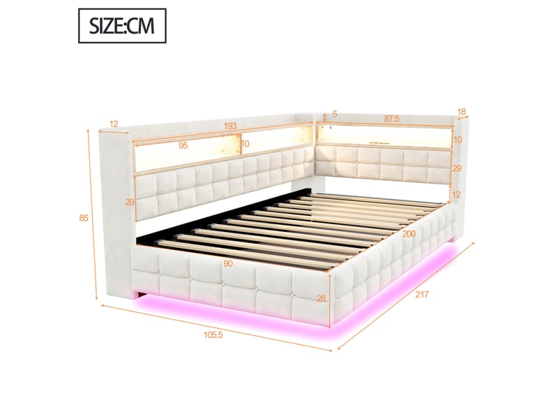 Lit banquette enfant 90x200 cm, gain de place, lit avec rangement, prises usb, éclairage led, en mdf, finition velours beige, sans matelas - Conforama C