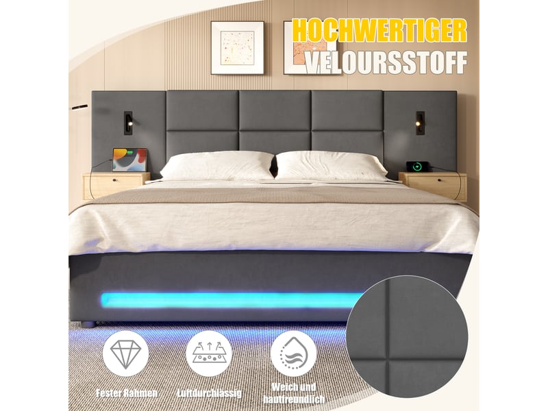  Lit double rembourré 180x200 cm avec led et port usb-c, gris foncé, lit double hydraulique avec tête de lit en velours et tiroir  - Conforama R