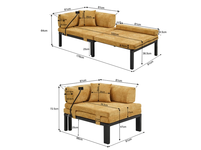  Canapé convertible pliant 1 place avec lit coulissant et dossier à coussin, en bois et velours jaune, 176 × 81 × 64 cm  - Conforama C