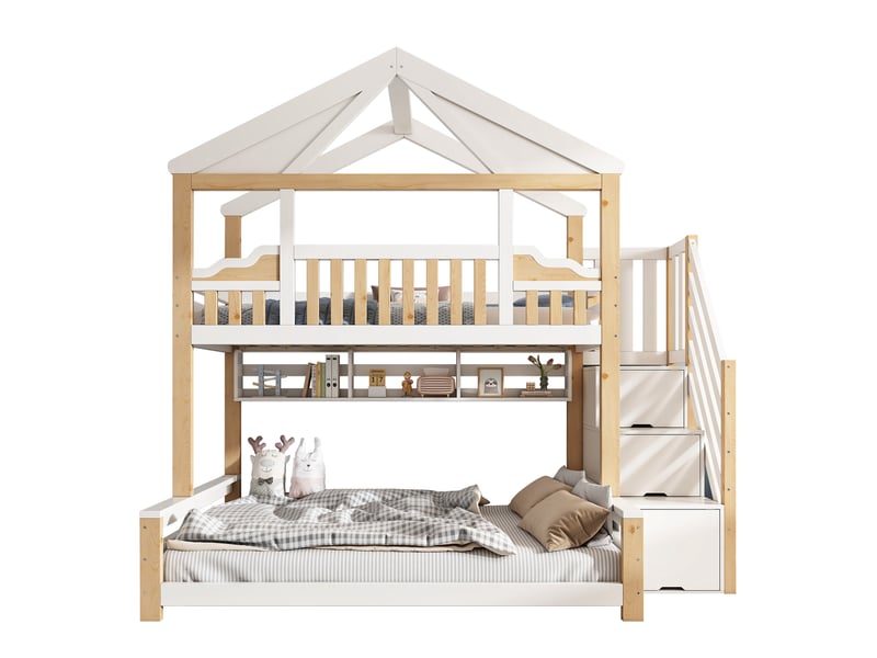  Lit superposé maison 90x200 et 140x200 cm avec escalier de rangement blanc et bois naturel  - Conforama A