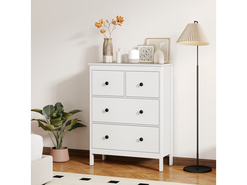  Commode à 4 tiroirs, pour vêtements et linge de lit, salon, chambre, couloir, panneaux de particules, blanc  - Conforama D
