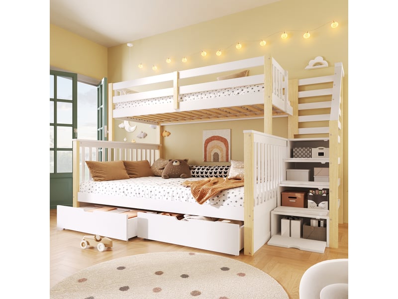 Lit superposé 90x200 sur 140x200 avec tiroirs de rangement, lit enfant en bois massif, escalier latéral, blanc et nature. - Conforama B