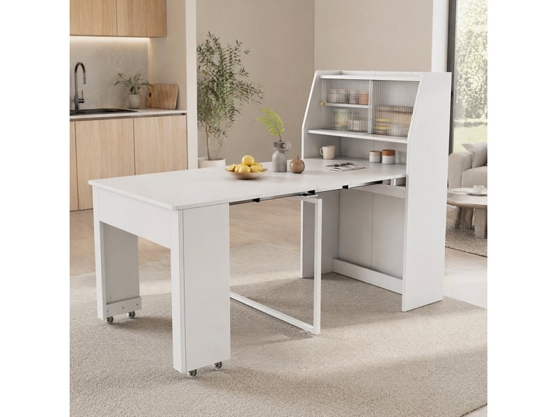  Table extensible, 52-132,5 x 80 x 120 cm (repliéedéployée), blanc, rangement intégré, panneau de particules  - Conforama B