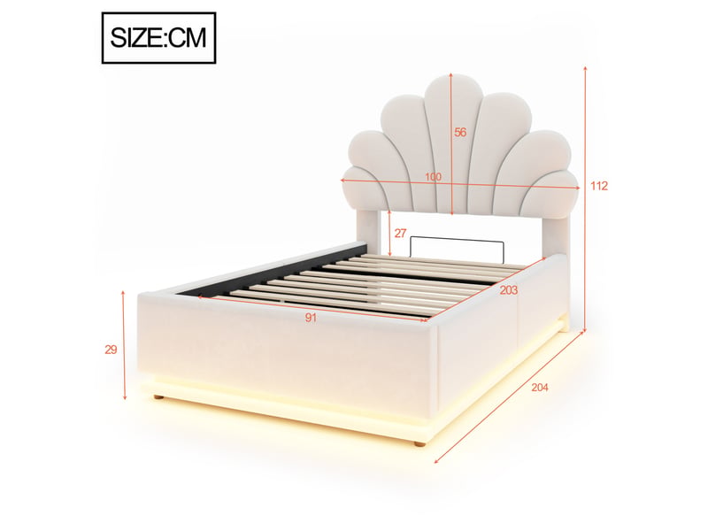  Lit coffre rembourré 90x200 cm coloris beige led velours  - Conforama C