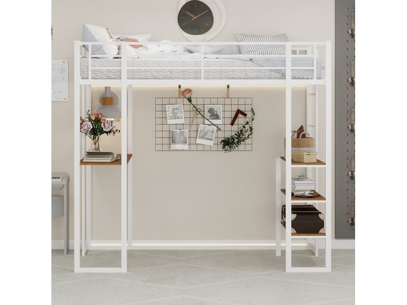  Lit mezzanine, 90x190 cm, lit en hauteur, avec bureau, solution de rangement, matelas non inclus, métal, coloris blanc  - Conforama D