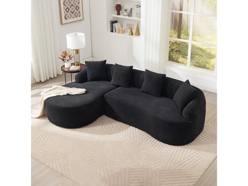 Canapé d’angle arrondi,243x150x67 cm,3 places avec méridienne gauche,chenille,noir  - Conforama B