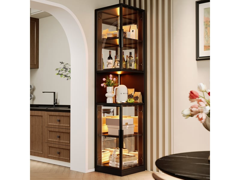 Vitrine noire avec éclairage led, meuble vitrine en verre 205 cm, portes doubles, fond miroir, étagère ouverte, pour salon - Conforama E