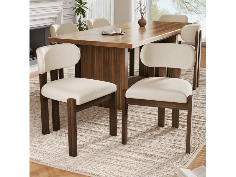 Chaises de salle à manger lot de 6 avec assise et dossier en tissu bouclé et structure en bois écru et coloris noyer - Conforama B