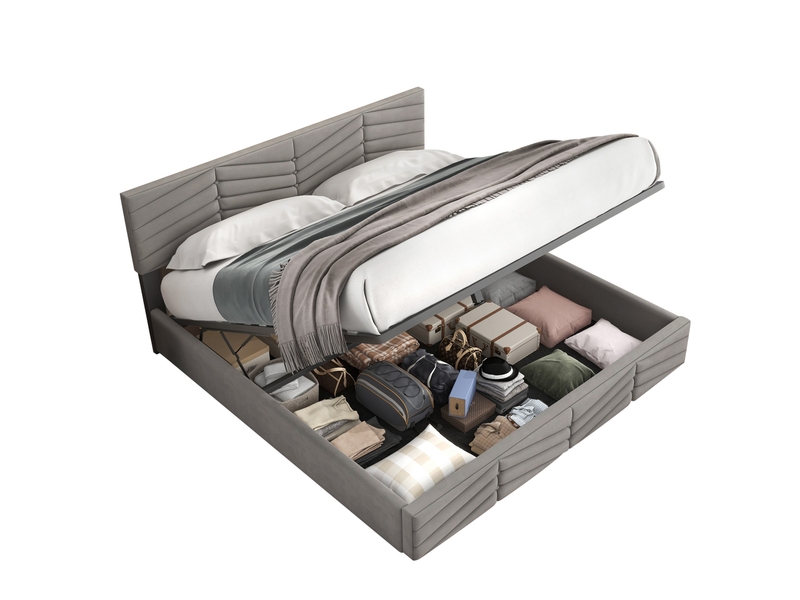  Lit capitonné, lit double, sommier réglable hydrauliquement, velours, rayures, style continental, tête de lit réglable en hauteur, 140 x 200 cm, gris  - Conforama A