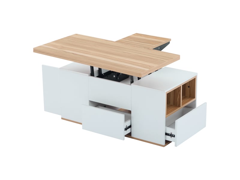  Table basse relevable multifonction avec tiroirs et rangement, plateau extensible, 100x51 cm, bicolore blanc et bois  - Conforama A