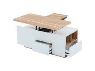 Table basse relevable multifonction avec tiroirs et rangement, plateau extensible, 100x51 cm, bicolore blanc et bois