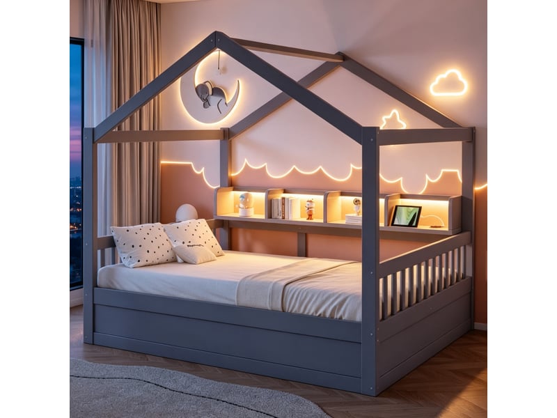 Lit cabane 140x200 cm avec toit, rangement hydraulique, led et prises usb, lit enfant en bois avec garde-corps, étagères intégrées - gris - Conforama B