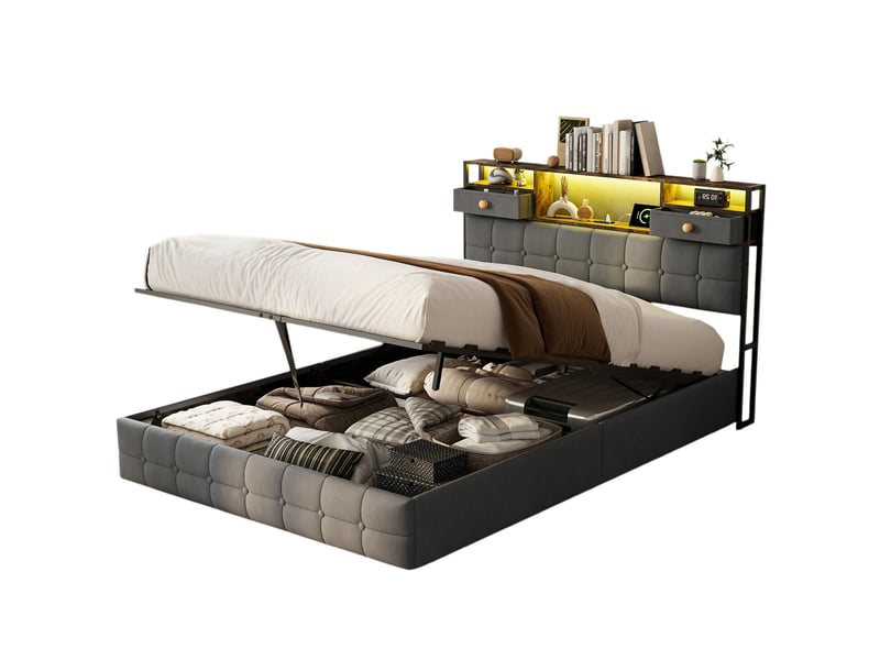  Lit double 160x200 cm avec coffre de rangement,led, usb et type-c, tête de lit de rangement, hydraulique, velours gris  - Conforama A