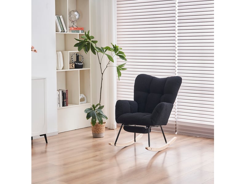  Fauteuil à bascule confortable, revêtement teddy, noir, relax, modèle à oreilles avec repose-pieds et porte de rangement  - Conforama D