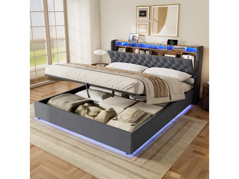  Tcqpz lit rembourré 180x200 cm gris avec tête de lit de rangement et coffre  - Conforama B