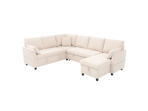 Canapé panoramique convertible en lit  255 cm, 6 places modulable en lu avec méridienne, rangements, usbtype-c, poche latérale, 3 coussins, beige