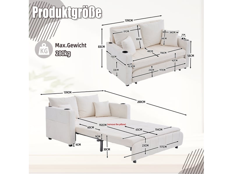  Canapé convertible 2 places en tissu beige avec usb, porte-gobelets et rangement, idéal pour petits espaces  - Conforama C