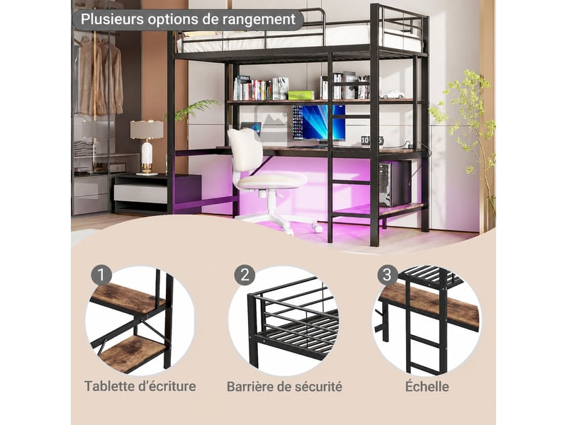  Lit mezzanine 90 x 200 avec bureau, métal noir et mdf, étagères, éclairage led, prise électrique et usb  - Conforama C