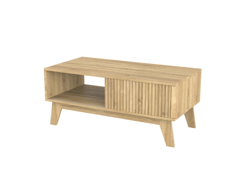 Table basse ovale 95x41x48 cm avec rangement, 1 niche, motif bois, porte coulissante, panneaux de particules, naturel - Conforama R