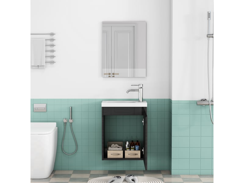  Meuble vasque suspendu 40 cm avec lavabo céramique et miroir noir brillant gain de place  - Conforama B