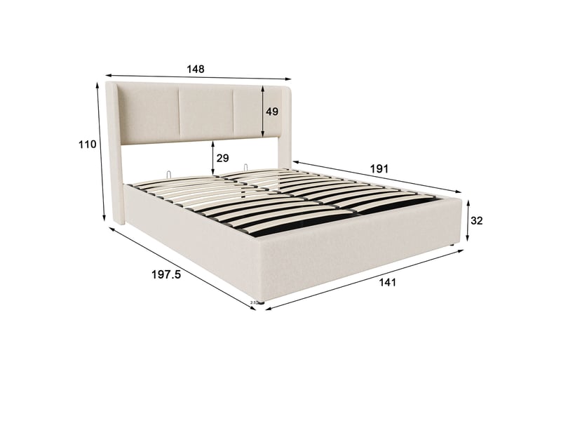 Lit coffre 140x190 cm, lit double avec rangement hydraulique et tête de lit capitonnée, tissu en lin style moderne chic, beige - Conforama W