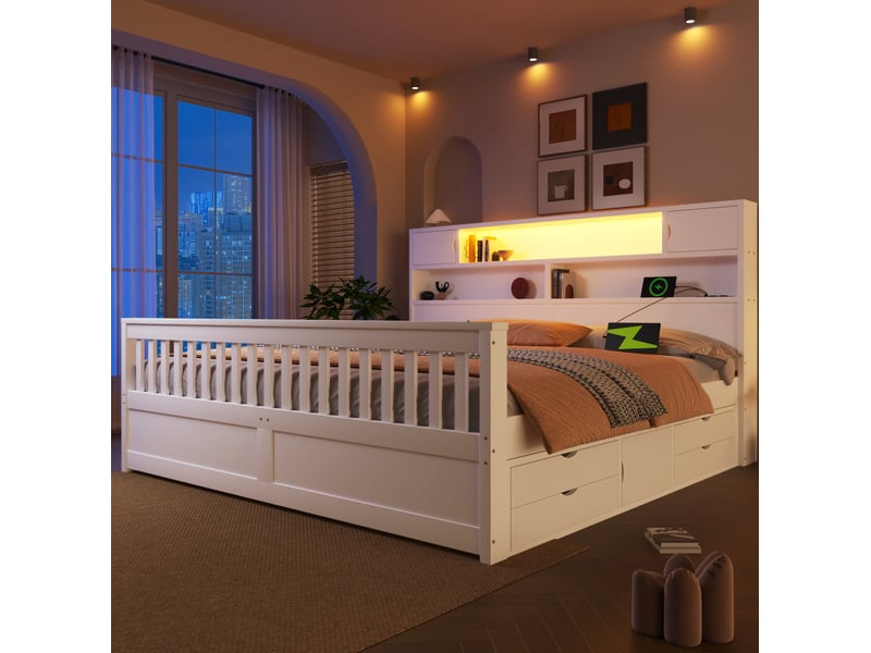  Lit plateforme 180 x 200 cm avec rangements, led, usb et 4 tiroirs blanc  - Conforama C