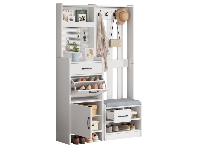  Portemanteau avec banc et rangement 110 x 175.5 cm en panneau de particules blanc  - Conforama E