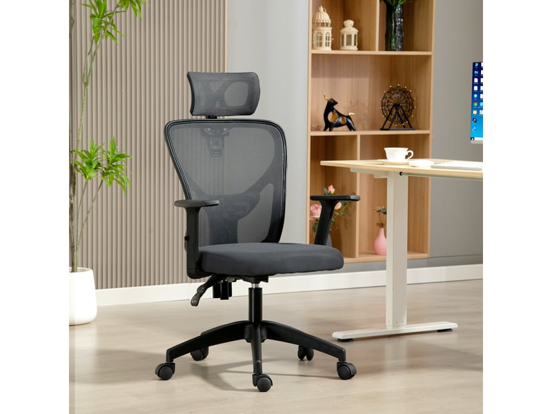  Chaise de bureau ergonomique et réglable avec soutien lombaire et appui-tête, 66 x 61 x 106-116 cm, grise  - Conforama C