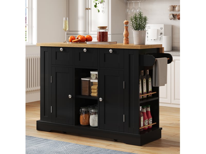  Desserte de cuisine 132 cm avec plateau rabattable, tiroirs, prise usb, naturel noir  - Conforama E