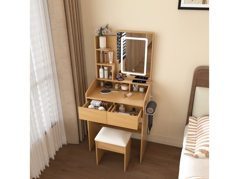  Table de maquillage led - miroir éclairé led réglable - prise électrique intégrée - support de sèche-cheveux 60x36x130cm - Conforama B