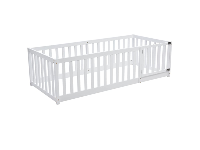  Lit enfant 90x200 au sol avec barrière et porte - cadre en bois massif blanc  - Conforama R