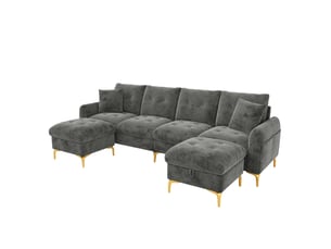 Canapé modulable 4 places 263x137x85 cm, configuration en u ou l, 2 poufs coffres, 2 coussins, chenille, poche latérale, gris