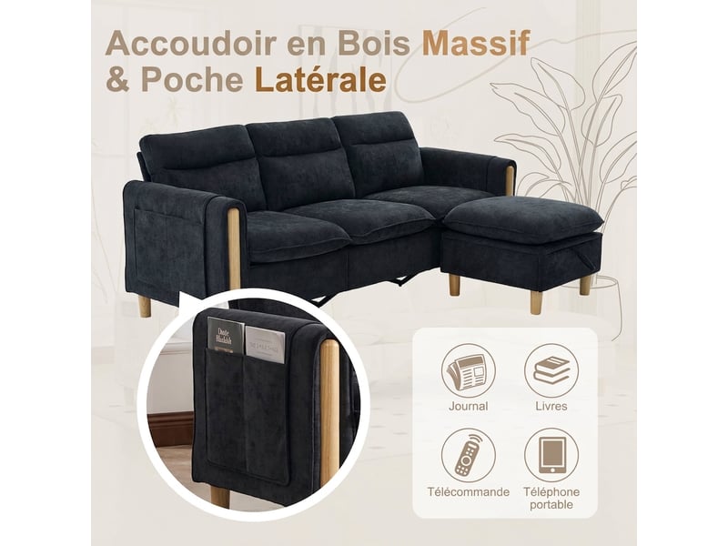  Canapé d'angle 3 places réversible avec rangement 201 cm canapé pour petits espaces en chenille noir  - Conforama D