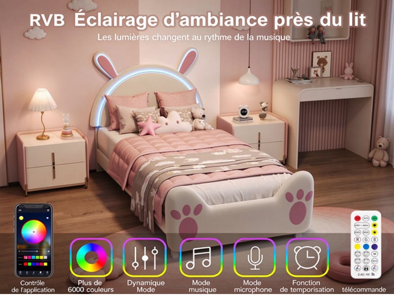  Lit enfant 90x200 cm ezssw, coloris crème et rose  - Conforama D