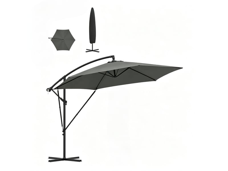 Parasol déporté latéral inclinable 310x310 cm – gris foncé – manivelle, rotation et housse protectrice - Conforama A