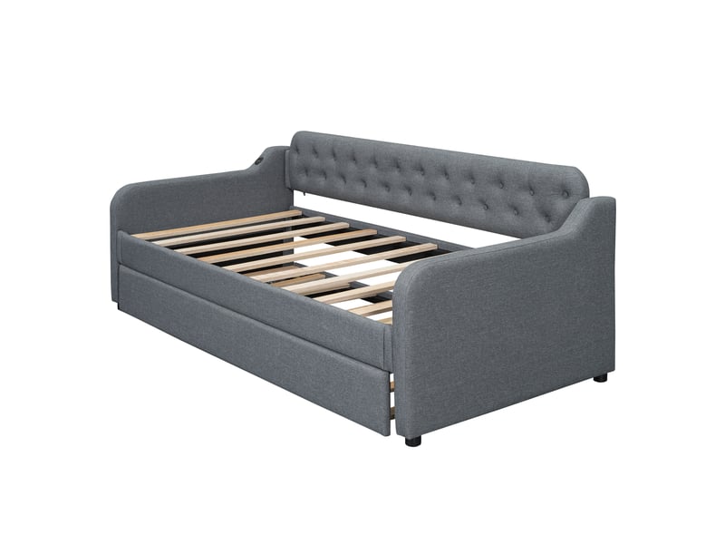  Canapé lit 90x200 en lin gris avec lit gigogne extensible et port usb intégré  - Conforama E