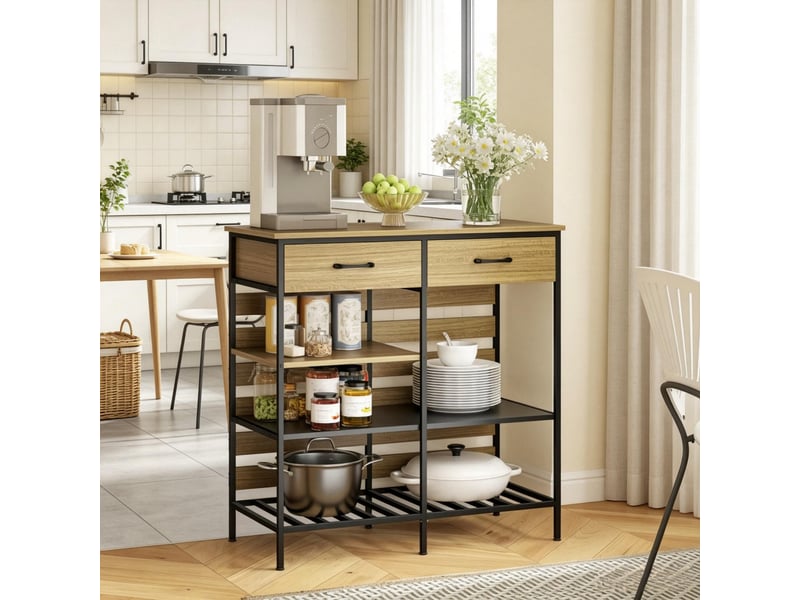  Buffet de cuisine industriel, meuble de rangement 2 tiroirs et étagères, cadre en acier robuste, 90x40x91 cm, bois naturel et noir  - Conforama C