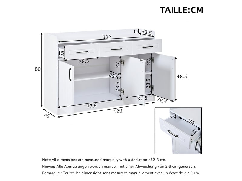  Buffet blanc 120 cm meuble de rangement 3 tiroirs et 3 portes avec étagères réglables  - Conforama C