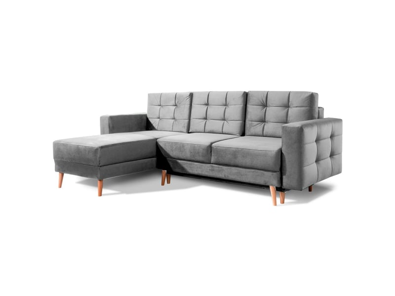 Canapé d'angle convertible hasgard 3 places gris 248x162 cm – coffre et pieds bois - Conforama D