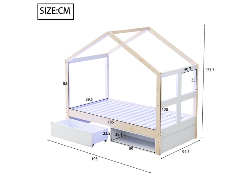 Lit simple enfant 90 x 190 cm avec tiroirs et petit meuble à chaussures, éclairage led et sommier à lattes, bois, couleur bois Morn Vibe - Conforama D