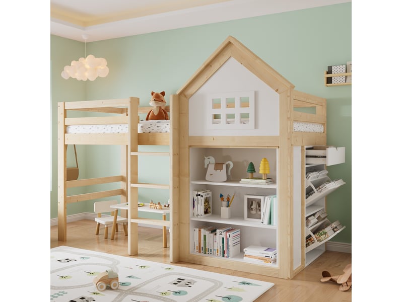  Lit mezzanine enfant 90 x 200 cm blanc et naturel avec rangements et tiroirs  - Conforama B