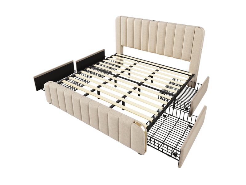  Lit 2 places 180x200 cm – beige – 4 tiroirs de rangement, usbtype-c et matelas 7 zones h3 inclus  - Conforama D
