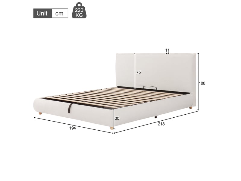  Lit double coffre 180x200 cm, pieds en bois, tête de lit, sommier inclus, lit adulte, tissu bouclé, blanc, sans matelas  - Conforama C