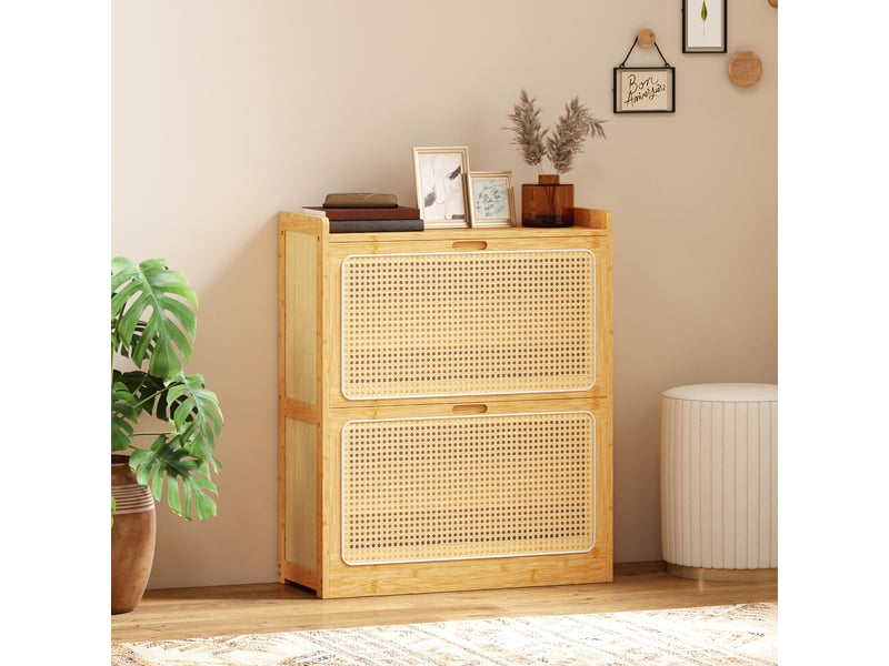 Étagère à chaussures étroite en bambou avec 2 tiroirs rabattables en rotin pour 12 à 14 paires de chaussures, 69 x 29 x 83 cm, naturel - Conforama C