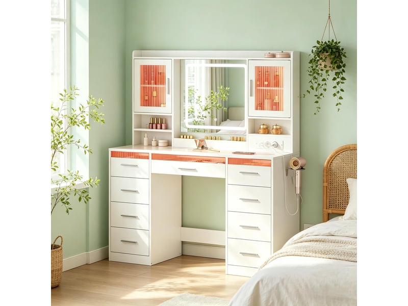 Coiffeuse avec miroir led, 9 tiroirs, 2 armoires et étagères réglables, prise usb type c, chambre, blanc - Conforama B
