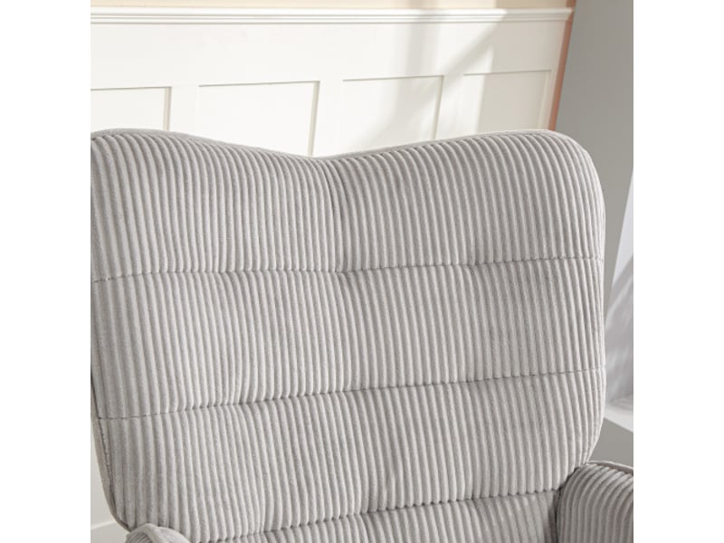  Fauteuil à bascule gris clair en tissu côtelé, accoudoirs et patins en bois, relax  - Conforama E