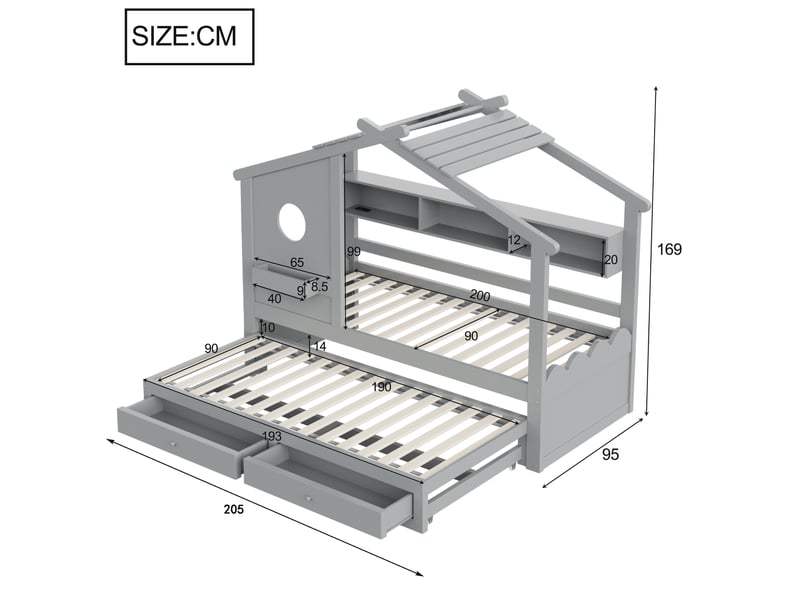  Lit gigogne cabane 90×200 cm avec tiroir de rangement, éclairage led et ports usb et type c, en bois gris  - Conforama C