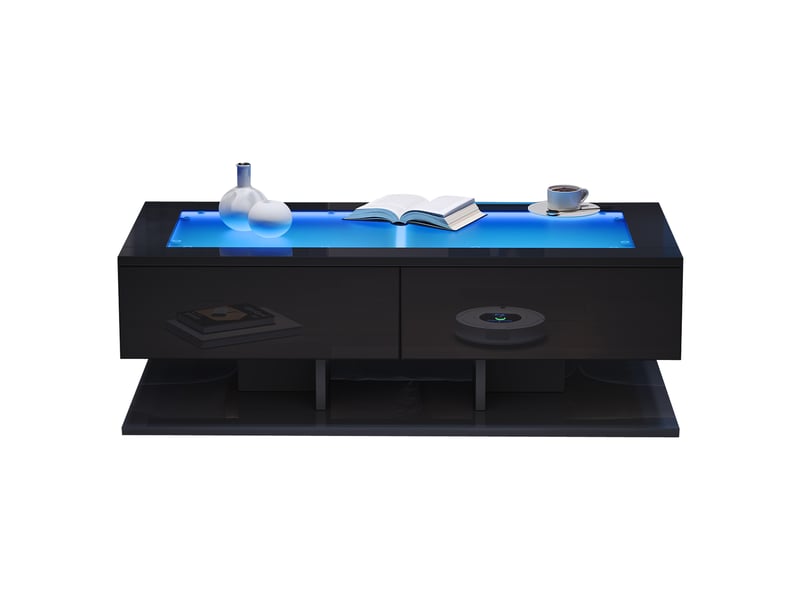  Table basse noire brillante avec tiroirs, table basse led verre trempé 100x50x35cm pour salon moderne  - Conforama A